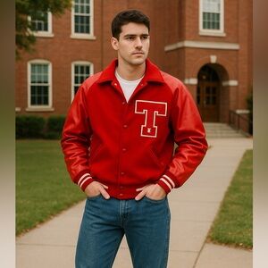 Vintage MECA Varsity Letterman Jacket Red Wool Leather Sleeves USA Medium
